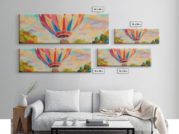 Pastel Hot Air Balloon Wall Art, Whimsical Landscape Painting, Nursery Decor, Kids Room Wall Decor, Framed Canvas Print Gift