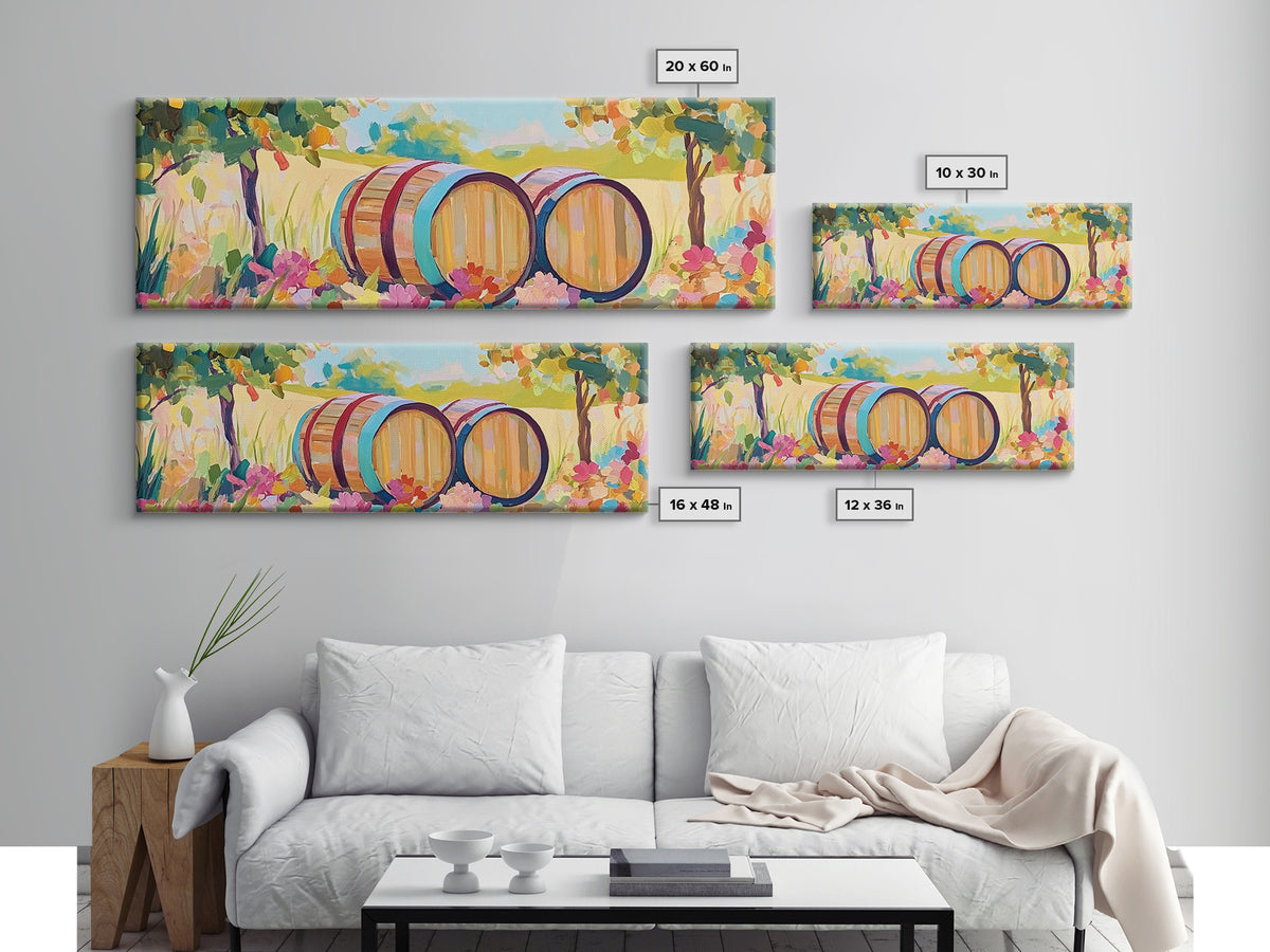 Sunny Vineyard Wine Barrels Framed Canvas Print, Wine Country Art, Rustic Wall Art, Winery Decor, Housewarming Gift Idea