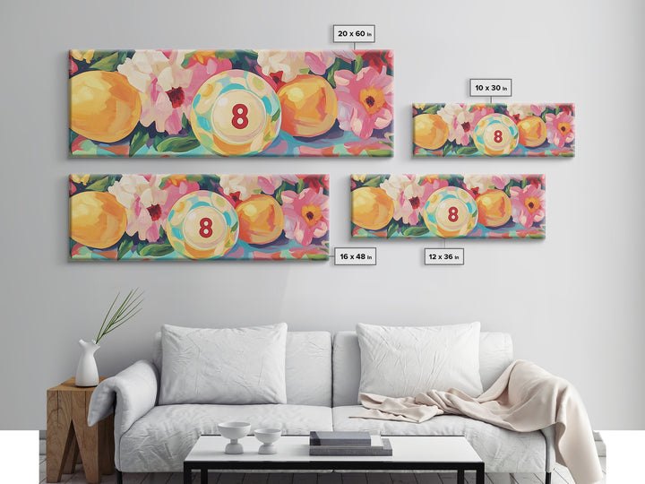 Pool Eight Ball With Pink Flowers Canvas Print, Retro Game Room Art, Billiards Wall Art, Man Cave Decor, Gift For Him Poster