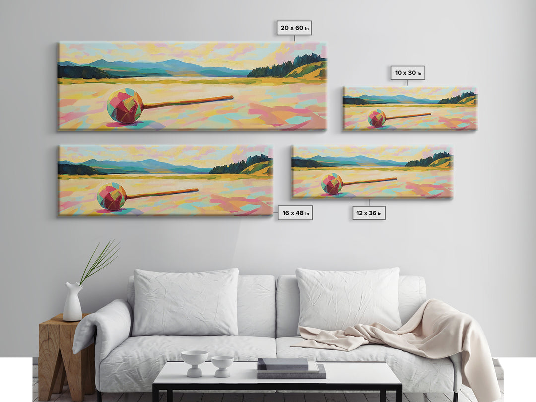 Colorful Croquet Ball And Mallet Landscape Canvas Print, Lake House Wall Decor, Summer Game Room Art, Rustic Cabin Gift Idea