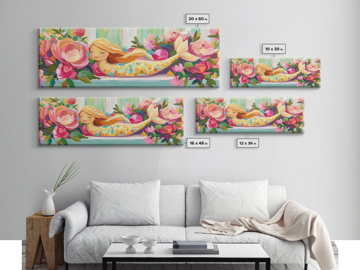 Sleeping Mermaid In Rose Garden Canvas Print, Whimsical Floral Wall Art, Girls Room Decor, Nursery Wall Art, Fantasy Gift