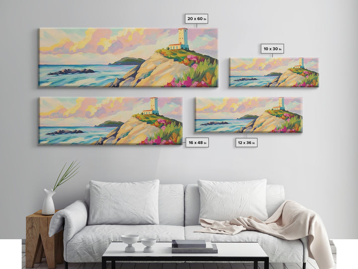 Pastel Lighthouse On Rocky Coast Canvas Print, Coastal Wall Art, Beach House Decor, Ocean Landscape, Nautical Living Room Art