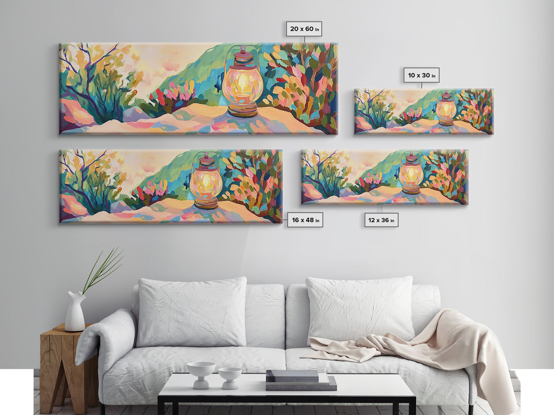 Glowing Lantern Mountain Landscape Canvas Print, Cozy Wall Art, Rustic Nature Decor, Cabin Living Room Art Print Housewarming Gift