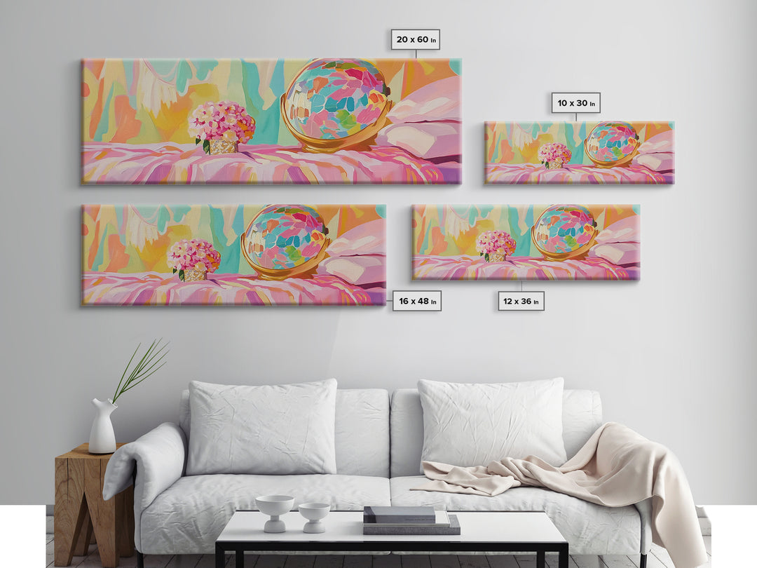 Pastel Vanity Globe And Pink Bouquet Framed Canvas Print, Girly Bedroom Wall Art, Coquette Room Decor, Gift For Her, Aesthetic Wall Art