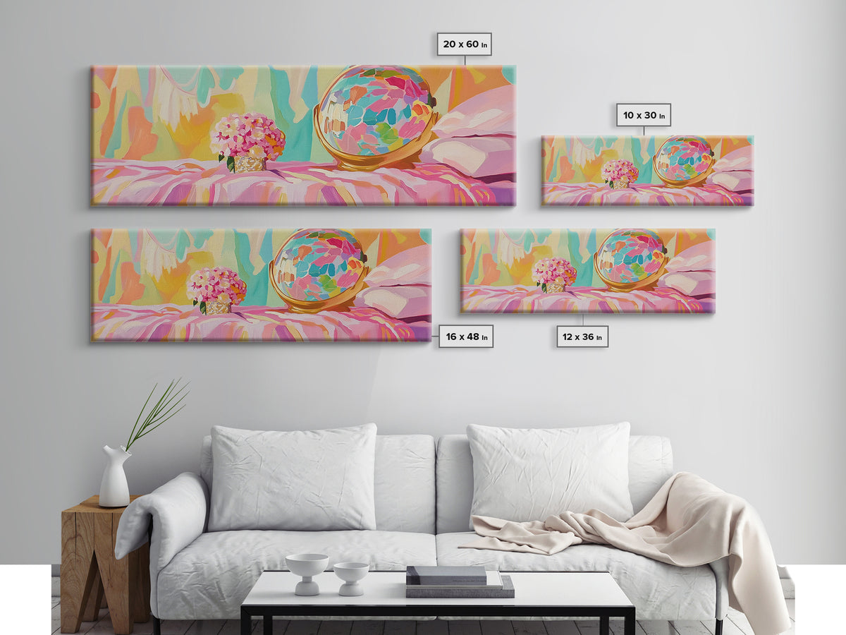 Pastel Vanity Globe And Pink Bouquet Framed Canvas Print, Girly Bedroom Wall Art, Coquette Room Decor, Gift For Her, Aesthetic Wall Art