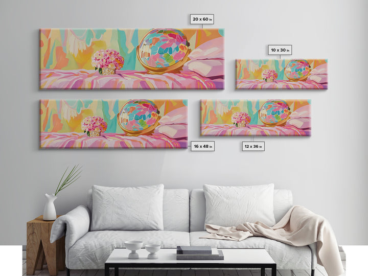 Pastel Vanity Globe And Pink Bouquet Framed Canvas Print, Girly Bedroom Wall Art, Coquette Room Decor, Gift For Her, Aesthetic Wall Art