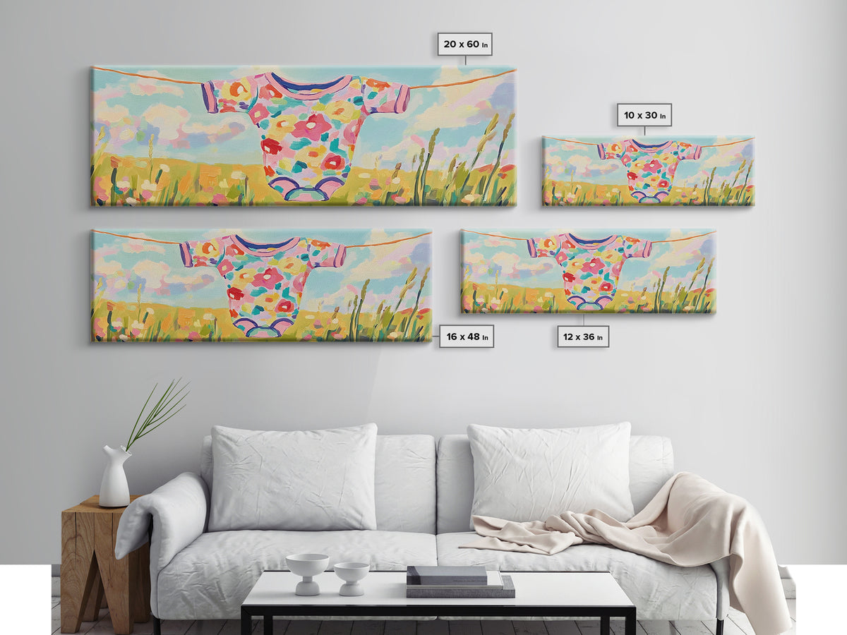 Floral Baby Onesie On Clothesline Wall Art, Nursery Wall Art For Baby Girl Room Decor, Baby Shower Gift, Kids Room Decor