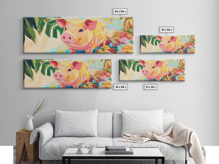 Smiling Pink Pig With Tropical Flowers Canvas Print, Whimsical Animal Wall Art, Farm Animal Nursery Decor, Cute Home Decor