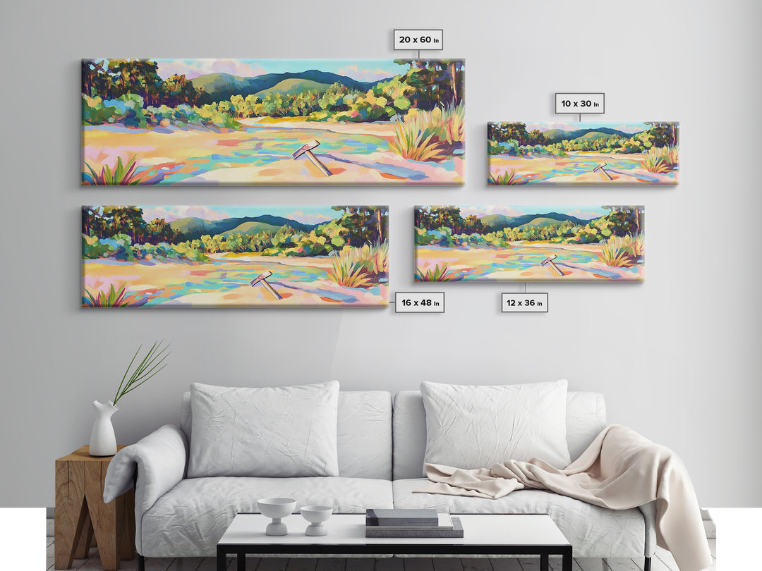 Colorful Sandy River Beach Framed Canvas Print, Coastal Wall Art, Mountain Landscape Art, Summer Decor, Housewarming Gift