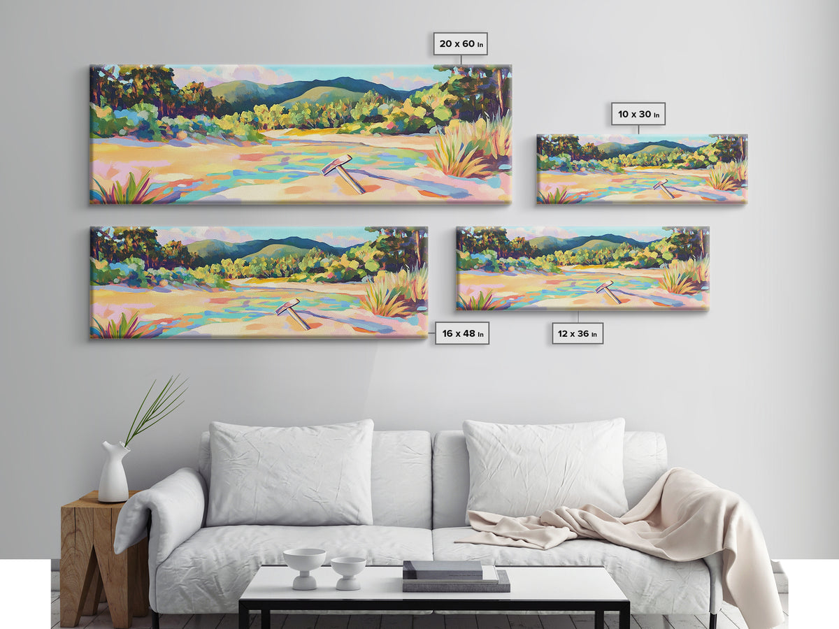 Colorful Sandy River Beach Framed Canvas Print, Coastal Wall Art, Mountain Landscape Art, Summer Decor, Housewarming Gift