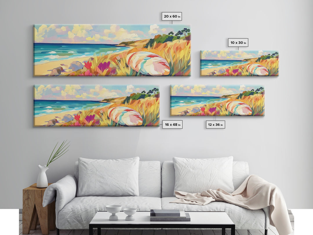 Sunny Coastal Beach With Seashell And Wildflowers Wall Art, Ocean Landscape Canvas Print, Beach House Decor, Summer Vibes