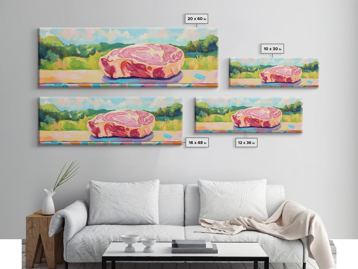 Pastel Steak Still Life In Green Meadow Wall Art, Quirky Kitchen Canvas Print, Colorful Food Decor, Dining Room Art Gift