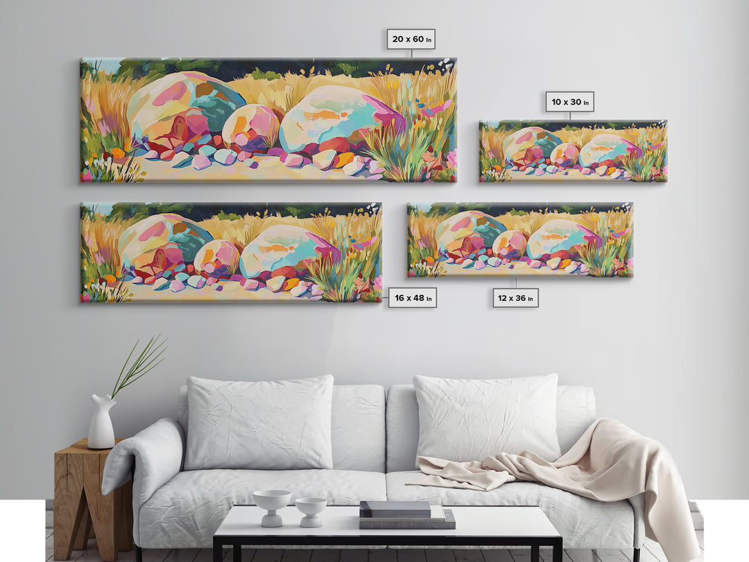 Sunlit Painted Boulders In Golden Meadow Wall Art, Modern Landscape, Nature Wall Decor, Rustic Home Decor, Canvas Print, Housewarming Gift