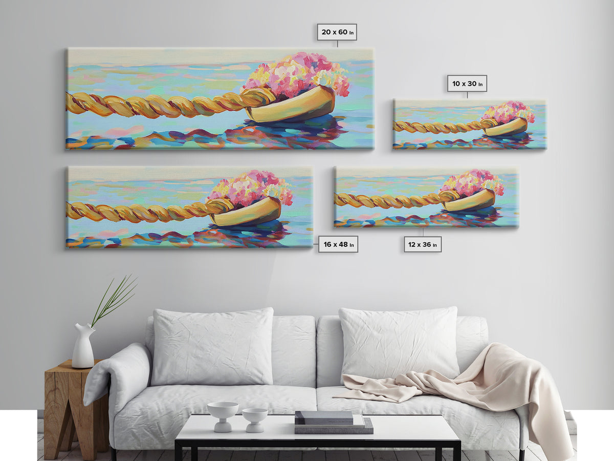 Wooden Boat With Pink Flowers And Rope On Water Canvas Print, Coastal Wall Art, Nautical Decor, Beach House Decor, Gift For Her