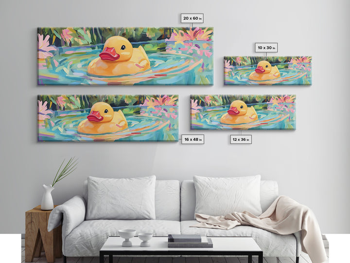 Cheerful Rubber Duck Floating In Lily Pond Wall Art, Kids Bathroom Decor, Whimsical Animal Art, Canvas Print Gift For Kids