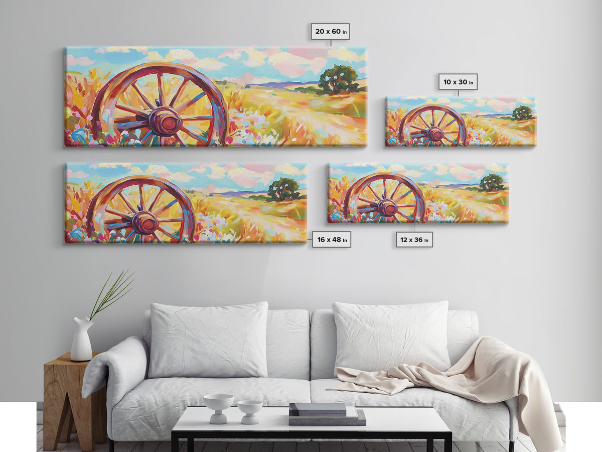 Rustic Wagon Wheel In Wildflower Field Framed Canvas Print, Farmhouse Wall Art, Country Landscape Decor, Gift For Him Home Decor