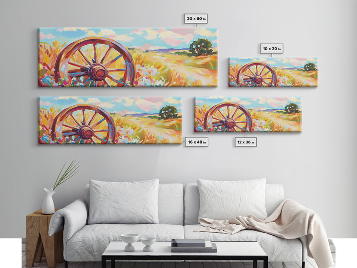 Rustic Wagon Wheel In Wildflower Field Framed Canvas Print, Farmhouse Wall Art, Country Landscape Decor, Gift For Him Home Decor