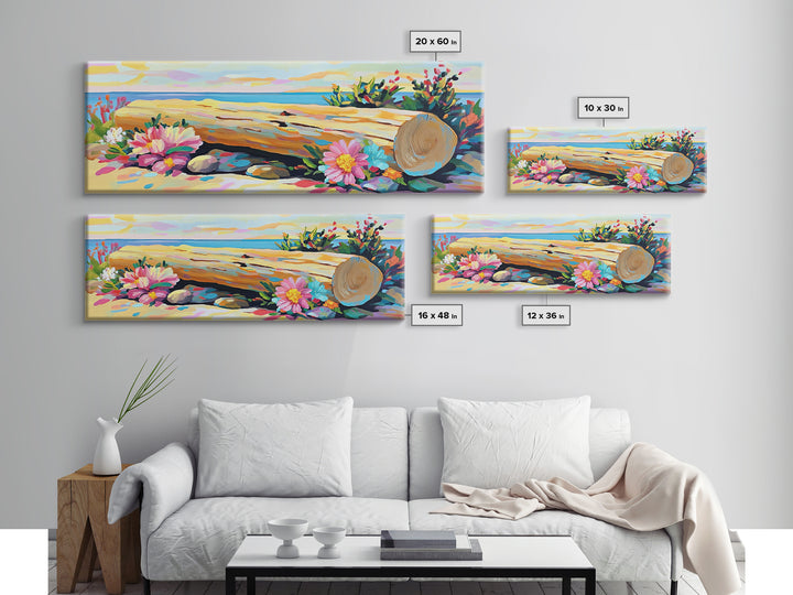 Beach Hat And Flowers On Sandy Shore Canvas Print, Coastal Wall Art, Beach House Decor, Summer Seascape, Nautical Gift Art
