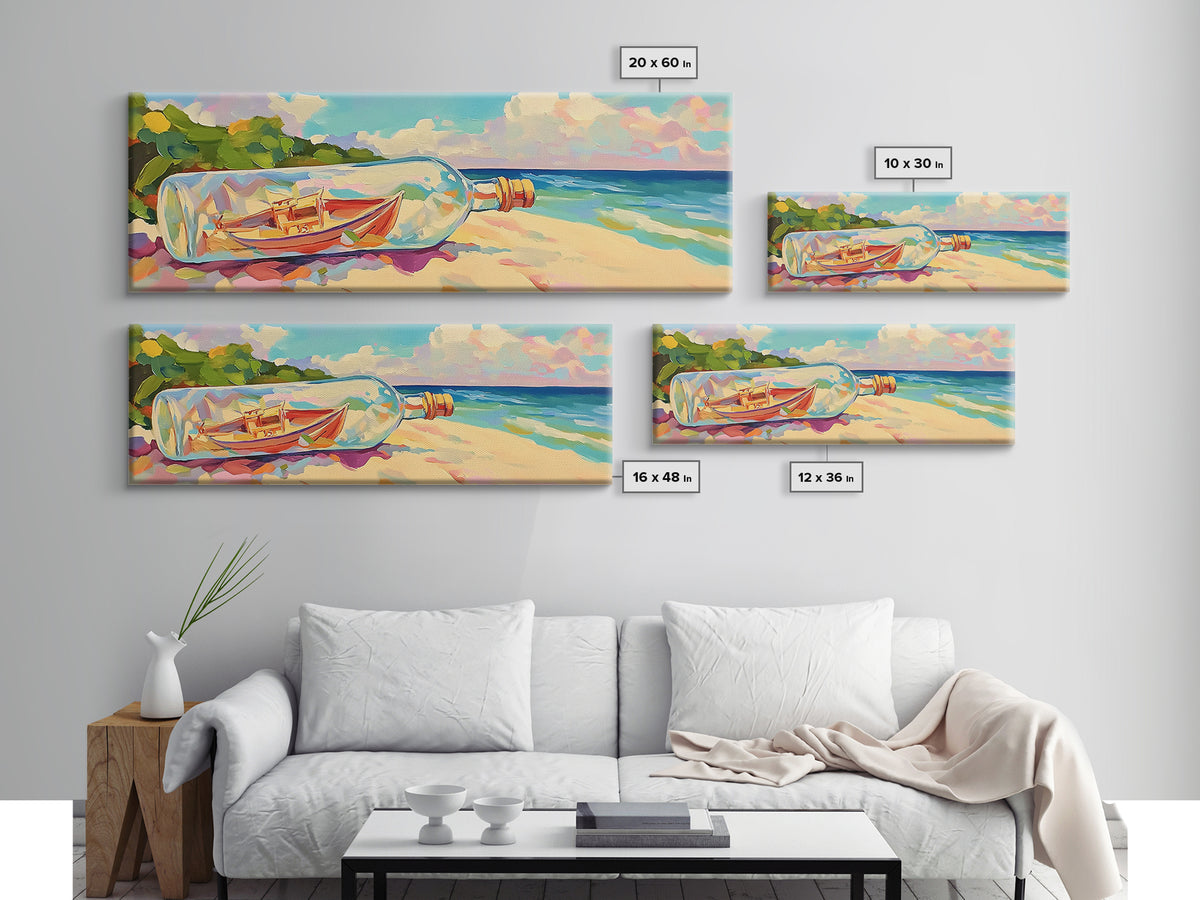 Boat In A Bottle On Sunny Beach Wall Art, Coastal Canvas Print, Ocean Wall Decor, Nautical Decor, Beach House Decor, Seascape Art
