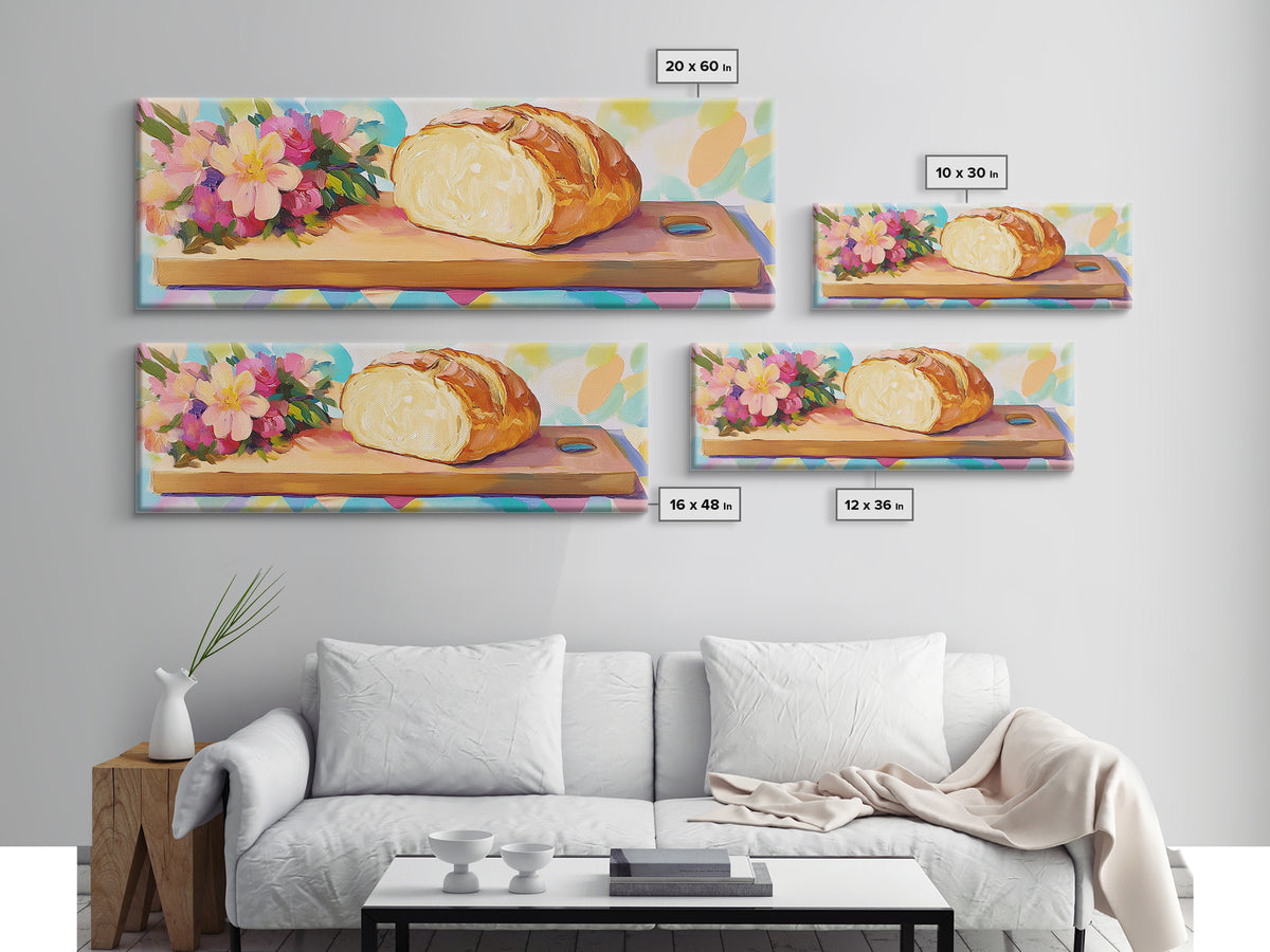Crusty Bread Loaf And Flowers Canvas Print, Cozy Kitchen Wall Art, Bakery Decor, Food Still Life Art Print, Housewarming Gift
