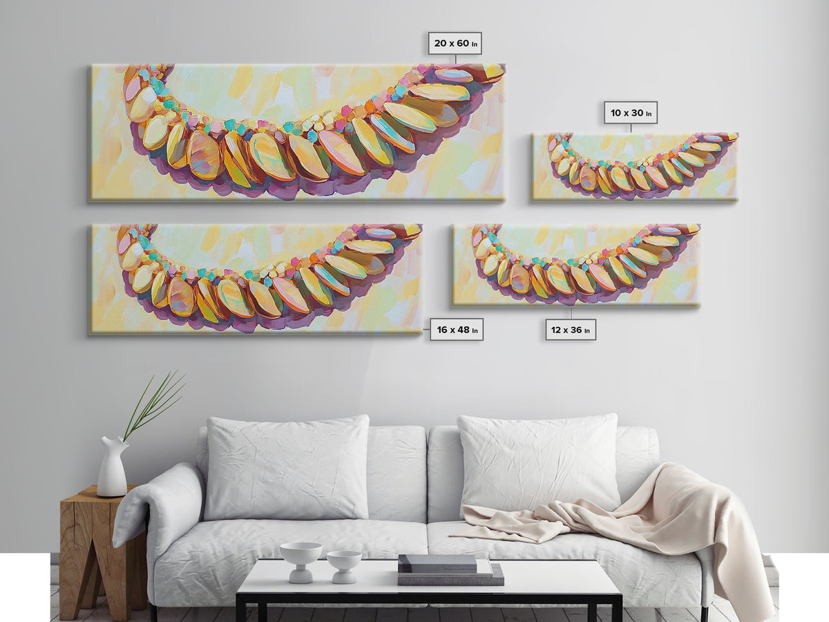 Pastel Seashell Necklace Wall Art, Coastal Beach House Decor Canvas Print, Ocean Wall Decor, Feminine Boho Art Print For Bedroom