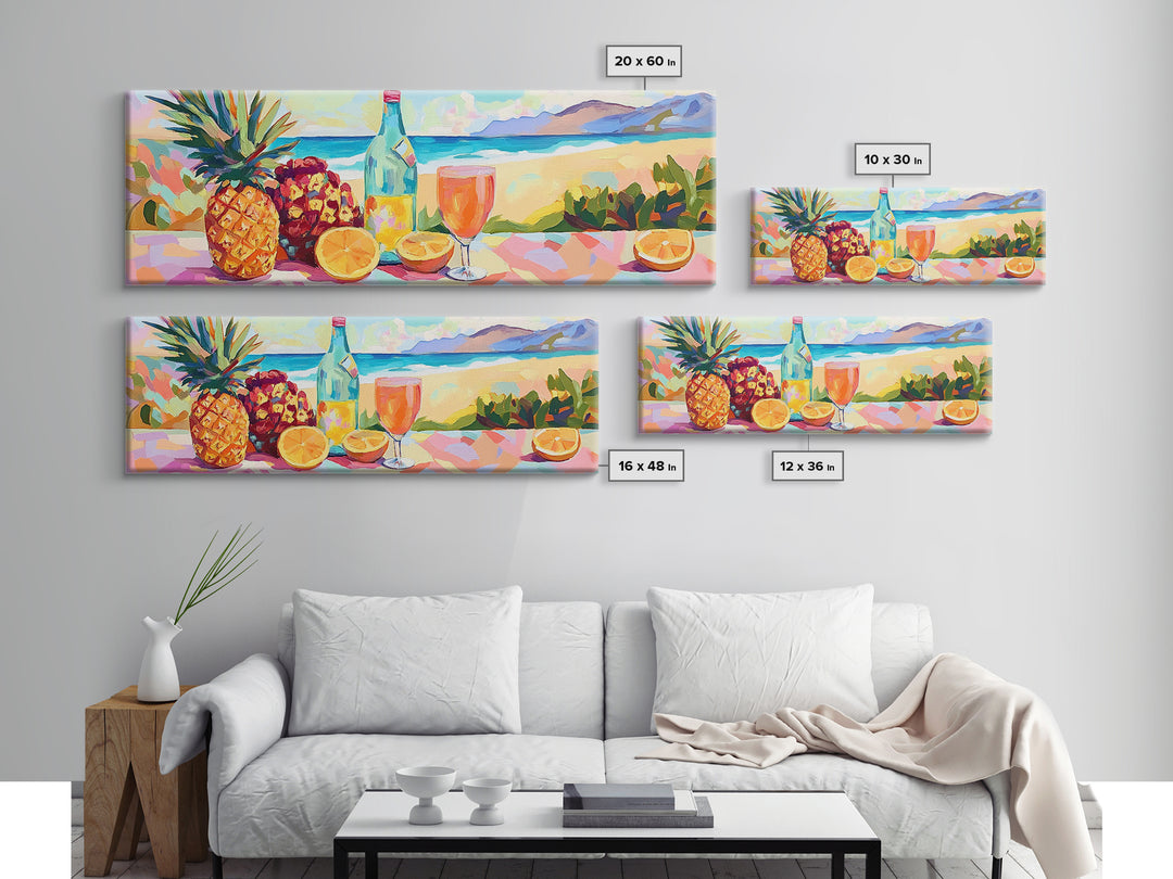Vibrant Pineapple Citrus Beach Still Life Canvas Print, Tropical Kitchen Wall Art, Coastal Decor, Summer Bar Art Gift For Home Decor