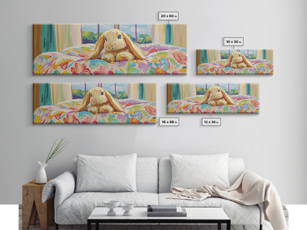 Sweet Bunny On Floral Bed Framed Canvas Print, Nursery Wall Art, Whimsical Kids Room Decor, Cute Animal Baby Shower Gift For Her