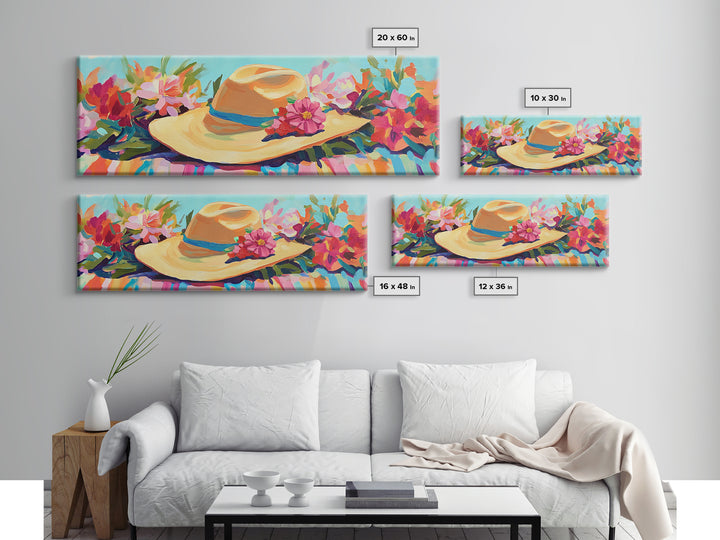 Straw Sun Hat With Tropical Flowers Canvas Print, Beach Wall Art, Coastal Cowgirl Decor, Summer Fashion Gift For Her Home Decor