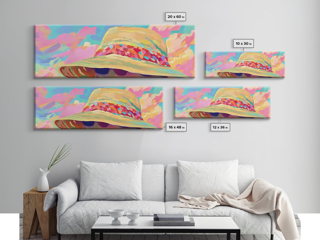 Wide Brim Beach Hat And Sunglasses Canvas Print, Coastal Wall Art, Summer Fashion Decor, Pink Preppy Bedroom Gift For Her