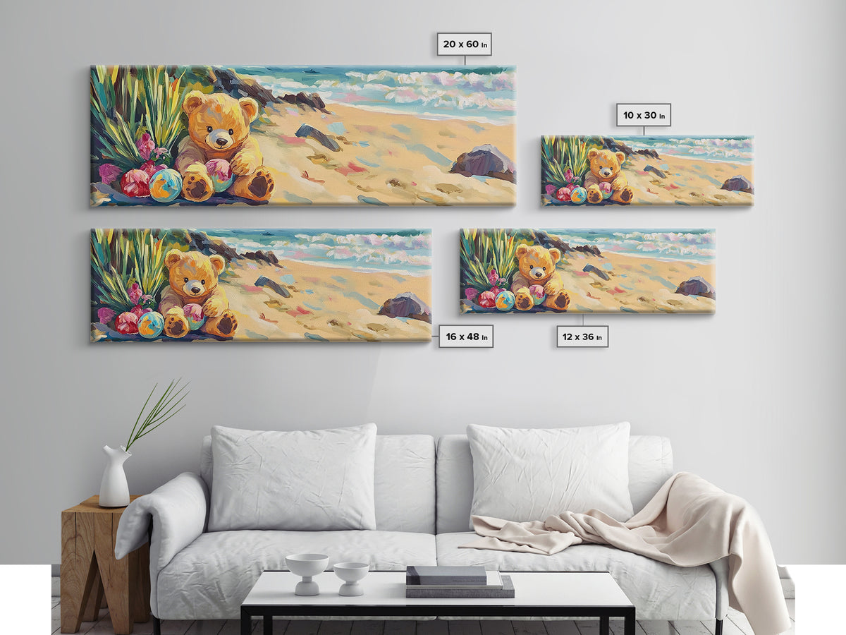 Teddy Bear On Sunny Beach Canvas Print, Coastal Nursery Wall Art, Kids Room Decor, Beach House Decor, Whimsical Baby Gift