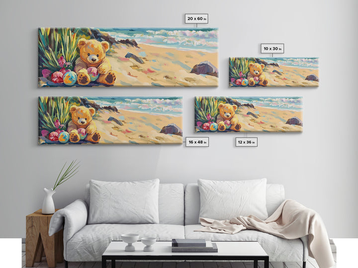 Teddy Bear On Sunny Beach Canvas Print, Coastal Nursery Wall Art, Kids Room Decor, Beach House Decor, Whimsical Baby Gift