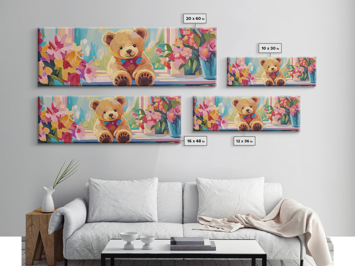 Sweet Teddy Bear By Flower Window Framed Canvas Print, Nursery Wall Art, Kids Room Decor, Whimsical Baby Girl Nursery Gift