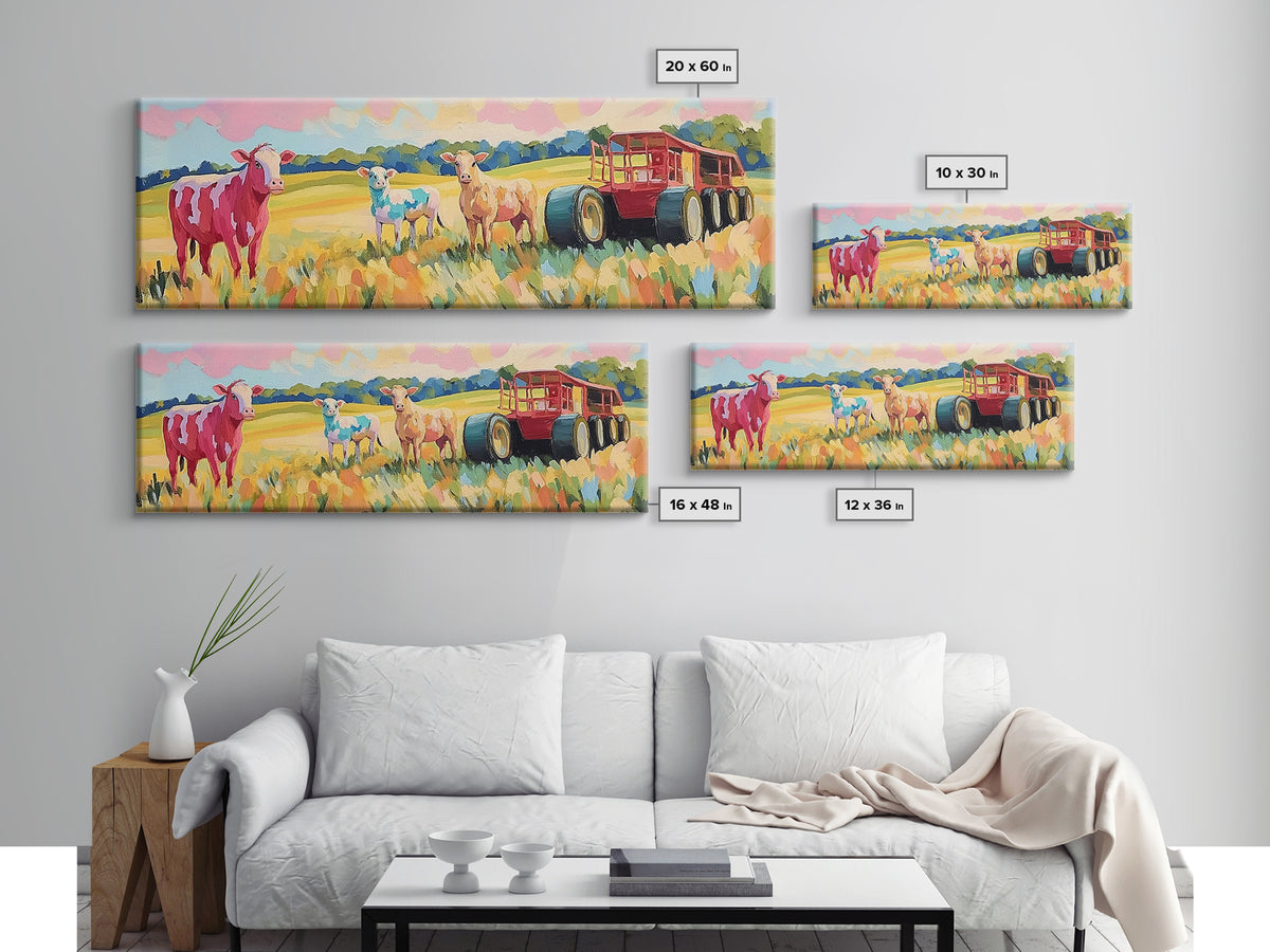 Cows And Sheep Beside Red Farm Wagon Canvas Print, Rustic Farmhouse Wall Art, Country Landscape, Nursery Animal Decor, Baby Shower Gift
