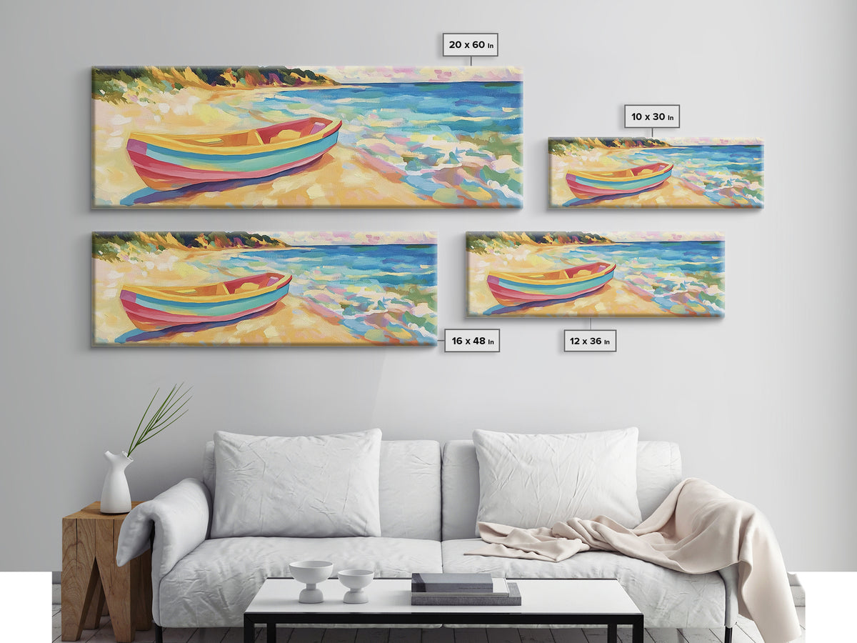 Striped Rowboat Beside Turquoise Waves Wall Art, Coastal Canvas Print, Seascape Painting, Beach House Decor, Ocean Wall Art