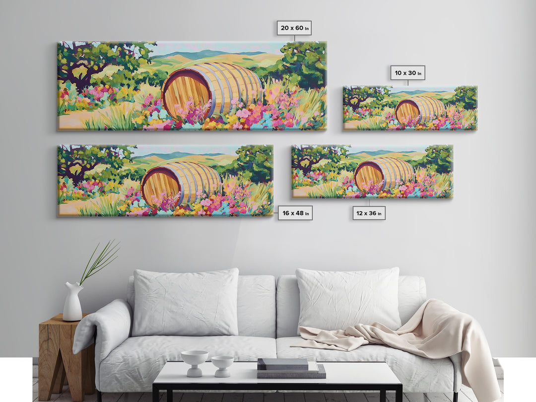 Wine Barrel In Wildflower Vineyard Wall Art, Framed Canvas Print, Winery Decor, Rustic Landscape Art, Housewarming Gift For Her
