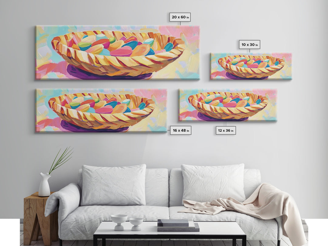 Woven Basket Of Colorful Candy Canvas Print, Whimsical Kitchen Wall Art, Dopamine Decor, Playful Dining Room Art Print Gift