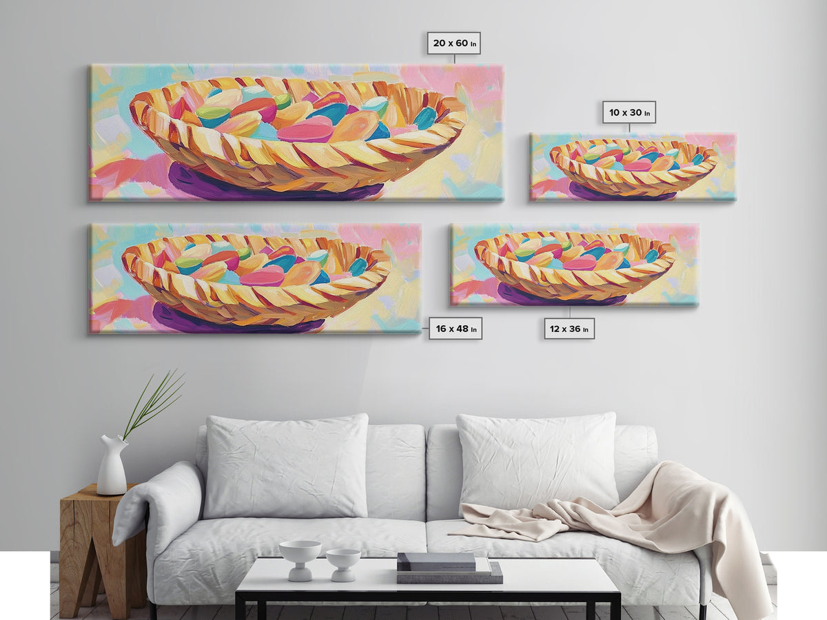 Woven Basket Of Colorful Candy Canvas Print, Whimsical Kitchen Wall Art, Dopamine Decor, Playful Dining Room Art Print Gift