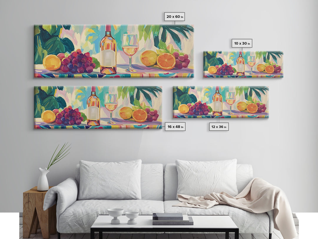 Wine Bottle With Citrus And Grapes Canvas Print, Colorful Kitchen Wall Art, Coastal Dining Room Decor, Wine Lover Gift Idea