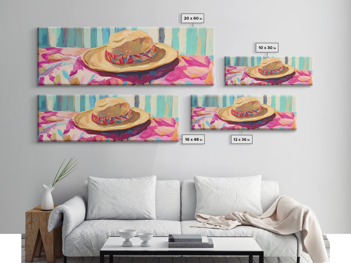 Straw Hat On Floral Beach Towel Canvas Print, Coastal Wall Art, Summer Patio Decor, Beach House Gift For Her, Tropical Home Decor