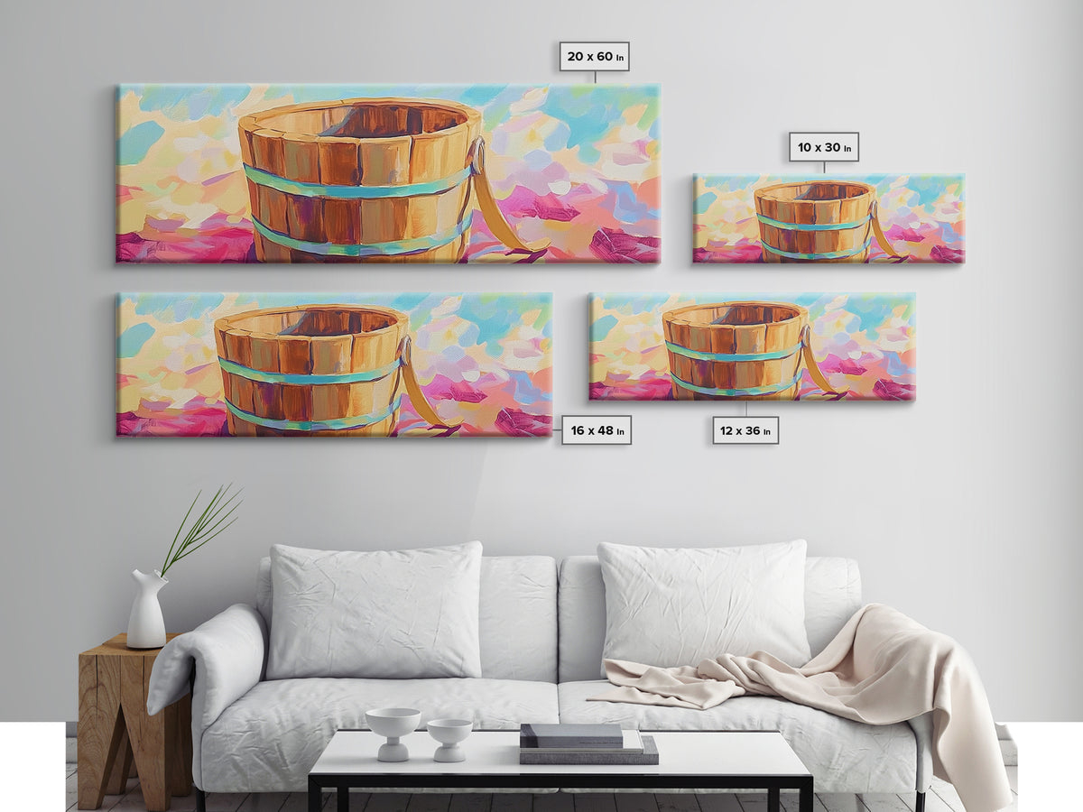 Wooden Beach Bucket On Pink Towel Canvas Print, Coastal Wall Art, Summer Bathroom Decor, Beach House Wall Decor Gift Idea