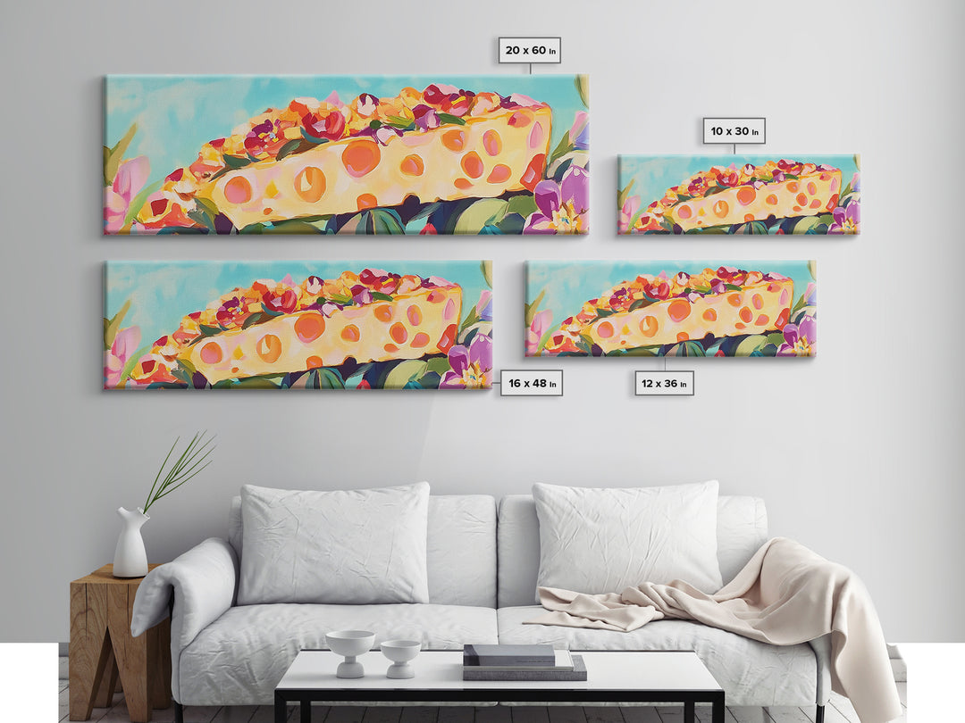 Whimsical Cheese Wedge Still Life Canvas Print, Kitchen Wall Art, Dining Room Decor, Foodie Gift, Colorful Kitchen Art Print