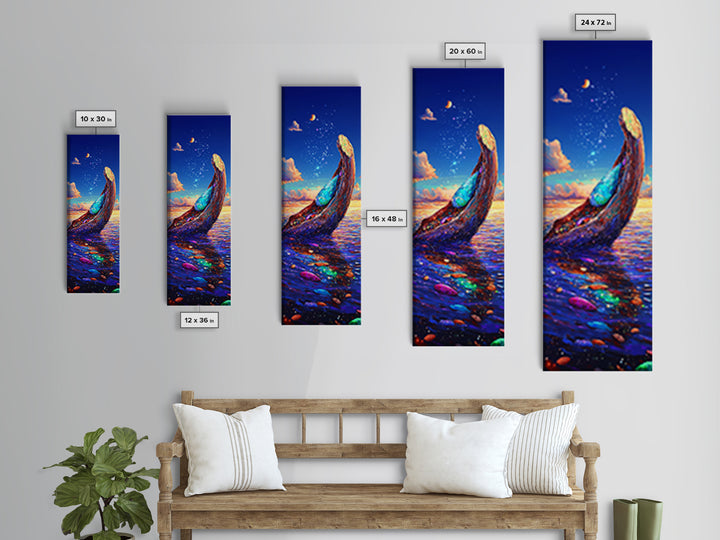 Moonlit Ocean Whale Canvas Print, Colorful Seascape Painting, Magical Coastal Wall Art, Beach House Decor, Fantasy Gift Idea