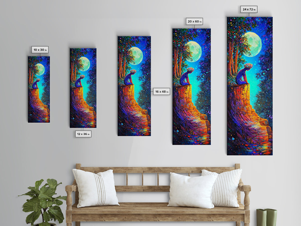 Moonlit Black Cat On Stone Wall Canvas Print, Whimsical Fantasy Wall Art, Celestial Decor, Cat Lover Gift, Nursery Art Print