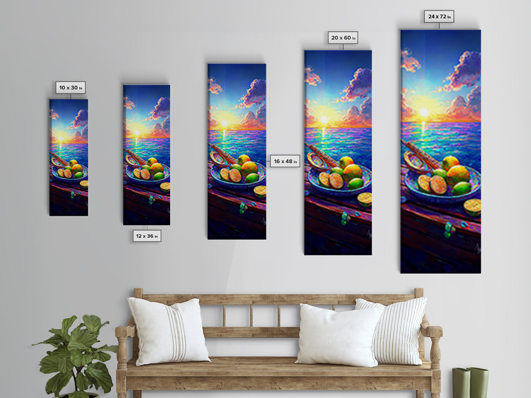 Ocean Sunset With Limes And Oar Framed Canvas Print, Coastal Kitchen Wall Art, Beach House Decor, Vibrant Seascape Art Print