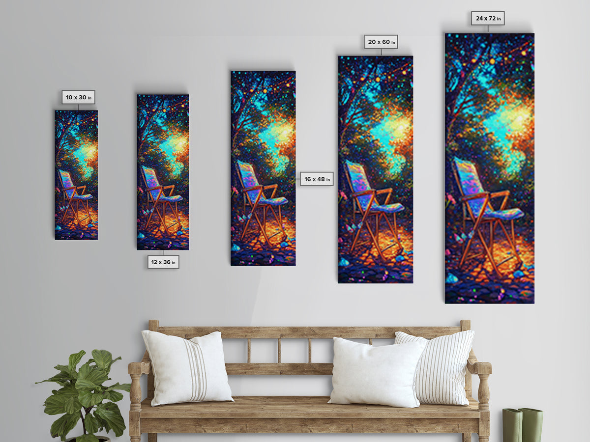 Empty Chair In Glowing Forest Wall Art, Magical Nature Canvas Print, Whimsical Garden Decor, Cozy Outdoor Patio Art Print