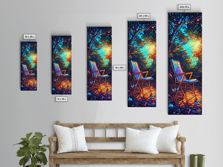 Empty Chair In Glowing Forest Wall Art, Magical Nature Canvas Print, Whimsical Garden Decor, Cozy Outdoor Patio Art Print
