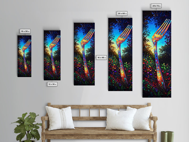 Giant Rainbow Fork In Garden Wall Art, Surreal Kitchen Canvas Print, Whimsical Food Decor, Funky Dining Room Art Print Gift
