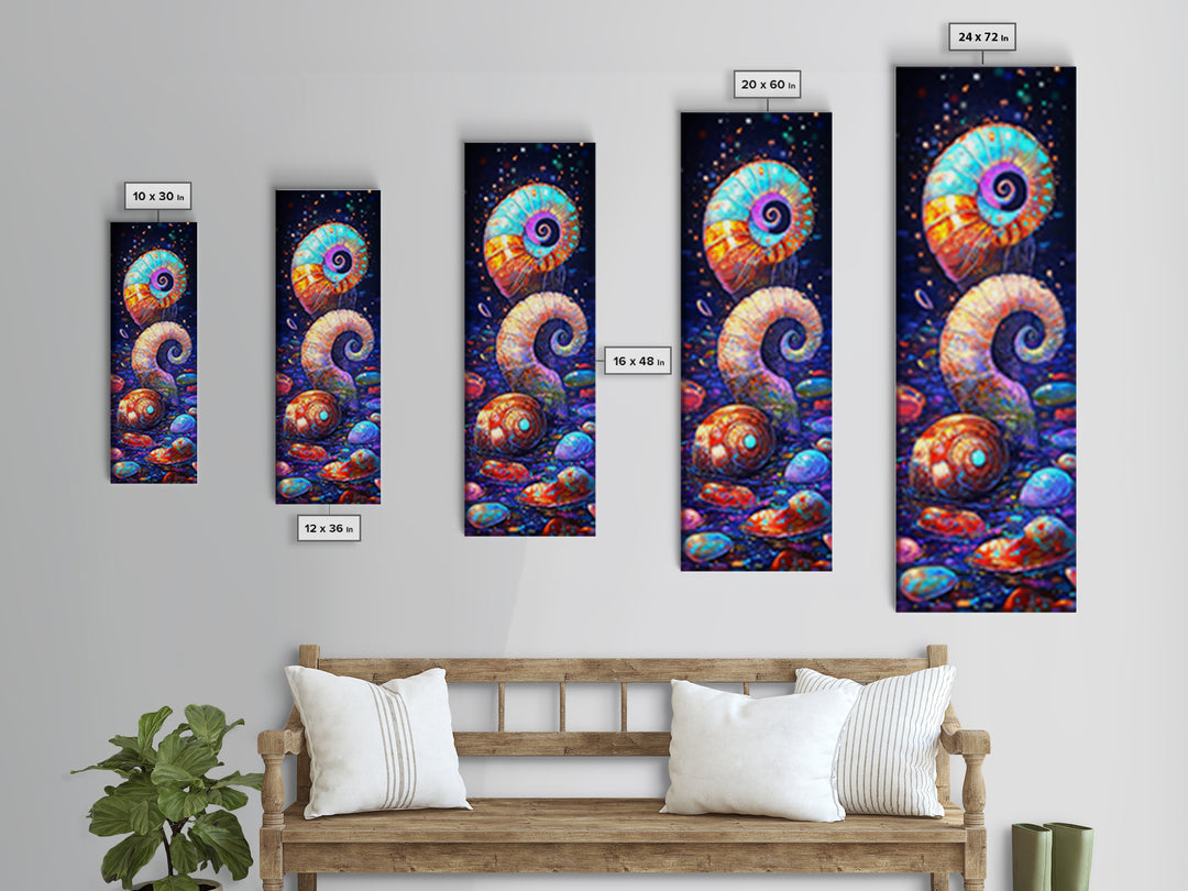 Rainbow Spiral Seashells And Pebbles Wall Art, Coastal Canvas Print, Nautical Bathroom Decor, Ocean Lover Gift For Her Beach