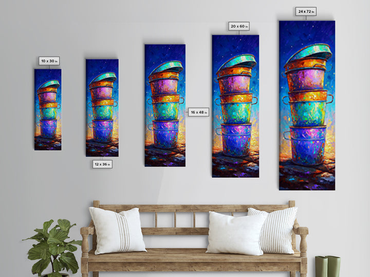 Stacked Rainbow Metal Buckets Framed Canvas Print, Rustic Farmhouse Wall Art, Colorful Laundry Room Decor, Unique Art Gift