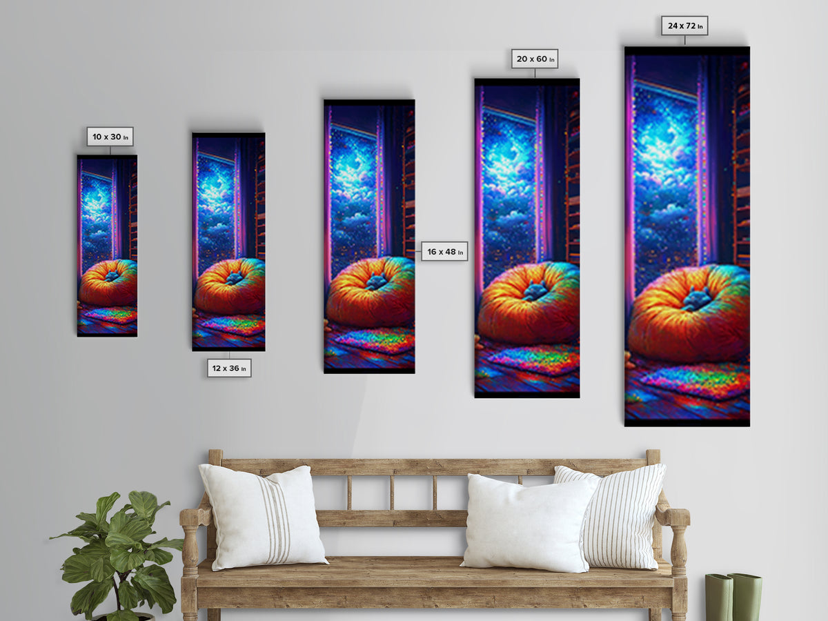 Cozy Rainbow Bean Bag By Starry Window Wall Art, Whimsical Bedroom Canvas Print, Galaxy Room Decor, Dreamy Art Gift For Her